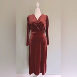 Closet London Dark Red Long Puffed Sleeve Velvet Midi Dress